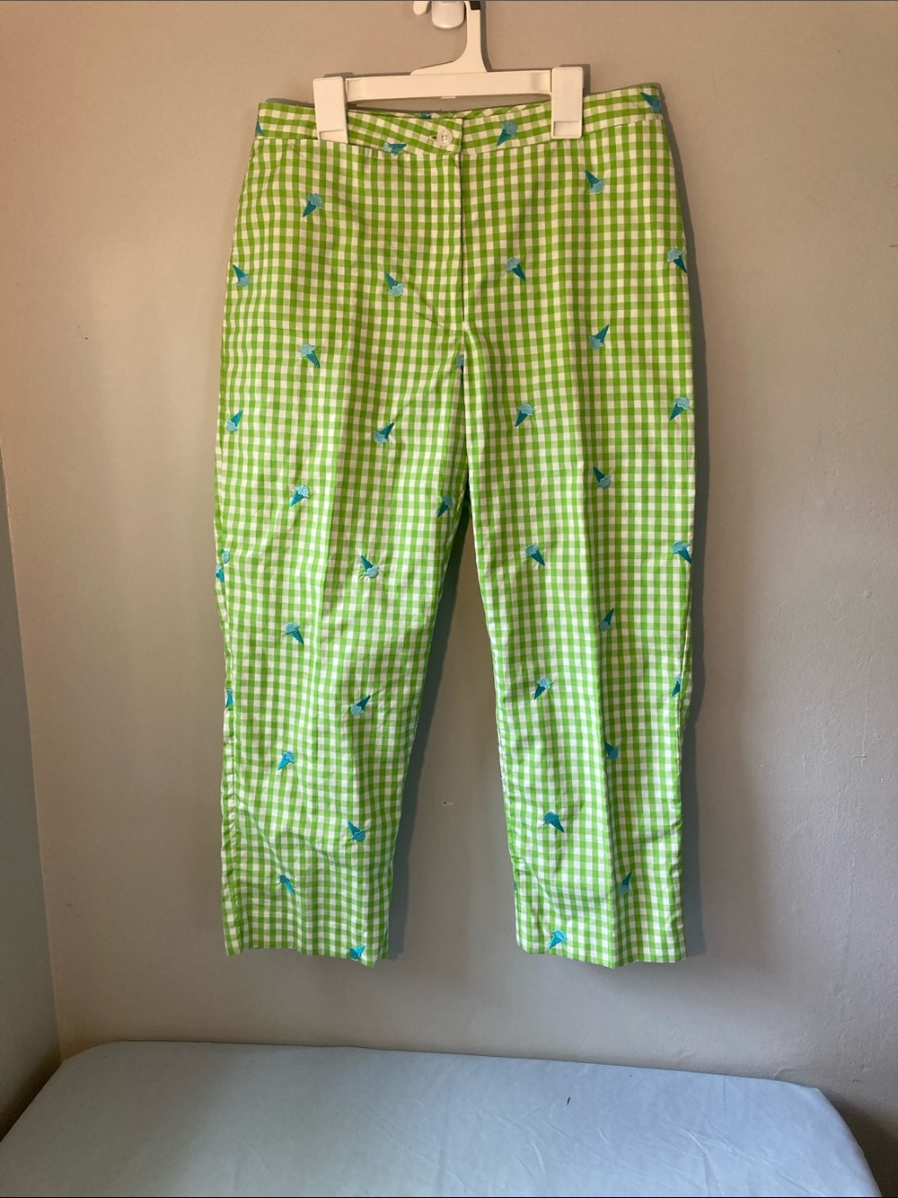 Lilly Pulitzer Lime Green and White Gingham pants with Blue ice cream cones